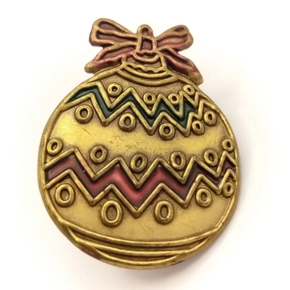 Vintage Christmas Ornament Pin Brooch Gold Red Green Festive Holiday Charm